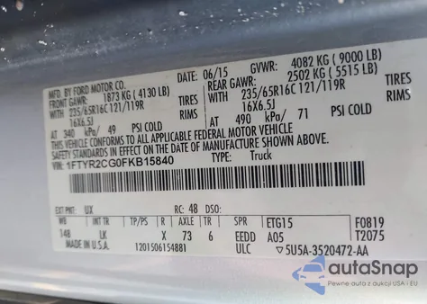 2015 Ford Transit-250 z USA, uszkodzony, nr VIN 1FTYR2CG0FKB15840